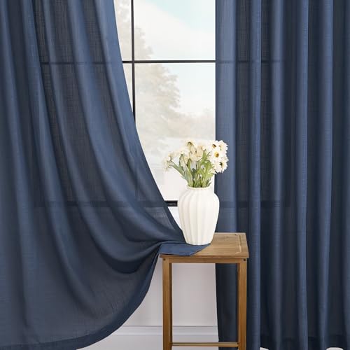 Navy Blue Curtains 102 inch Length for Bedroom Back Tab Light Filtering Semi Sheer Blue Living Room Curtains Linen Cotton Textured Indigo Blue Drapery Panel Modern Aesthetic Decor 42" Wx102" L (Navy Blue / 42"W x 102"L (Pack of 2))