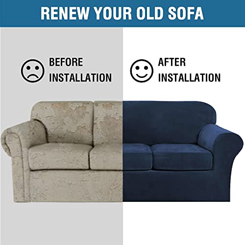 Velvet 4 Piece High Stretch Sofa Slipcover Sofa Cover Furniture Protector Form Fit Luxury Thick Velvet Extra Large Sofa Cover for 3 Cushion Couch Width Up to 105 Inch (3 Cushion XL Sofa / Navy)