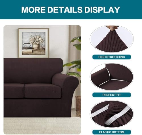 4 Piece Sofa Covers for 3 Cushion Couch Sofa Slipcover Soft Couch Cover for Dogs Washable Furniture Cover with 3 Individual Large Cushion Covers Feature Fabric (L Sofa (3 Cushion) / Brown)