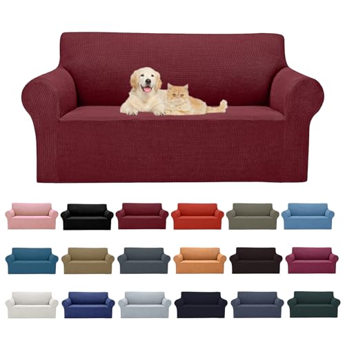 2026 New Stretch Loveseat Sofa Slipcovers Couch Cover for 2 Cushion Furniture Protector Sofa Covers with Elastic Bottom Jacquard Fabric Small Checks for Pets (Dark Red / Loveseat)