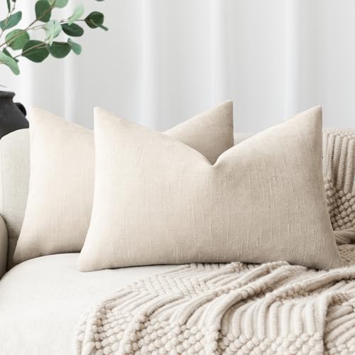 Textured Chenille Lumbar Throw Pillow Covers 12x20 (20" x 12" (Pack of 2) / Light Beige)
