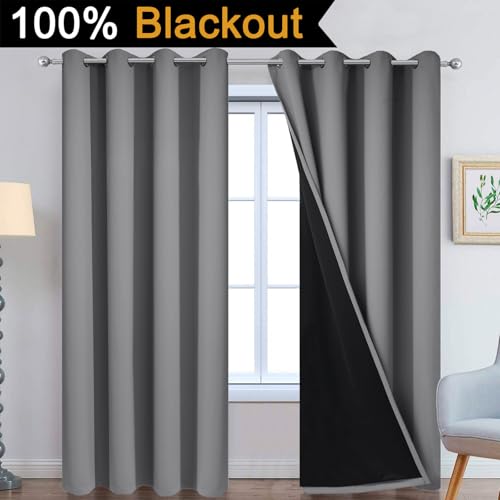 Grey 100% Blackout Curtain Panels 84 inches (52"W x 84"L (Pack of 2) / Grey)
