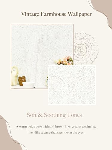 Boho Peel and Stick Wallpaper Modern Floral Wall Paper Neutral Beige Contact Paper Self Adhesive Removable Renter Friendly Wallpaper for Bedroom and Living Room Shelf Liner Vinyl 17.3'' x 385'' (Light Beige / 17.3" x 385")