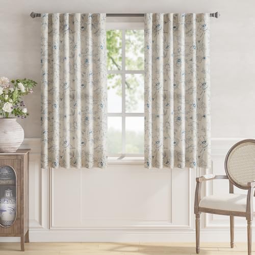 Floral Linen Curtains for Living Room 63 Inch Length Blue Flower Curtain Rod Pocket Back Tab Farmhouse Curtains with Printed Floral Bedroom Window Curtain Set (Penny Blue on Ecru / 50"W x 63"L (Pack of 2))