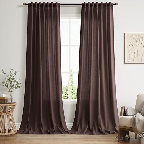 Coffee Brown Linen Curtains for Living Room 100 Inches Long Light Filtering Semi Sheer Curtain Back Tab Luxury Modern Rustic Home Decor Neutral Drapes for Bedroom Dinner Room 52x100 (52"W x 100"L (Pack of 2) / Coffee Brown)
