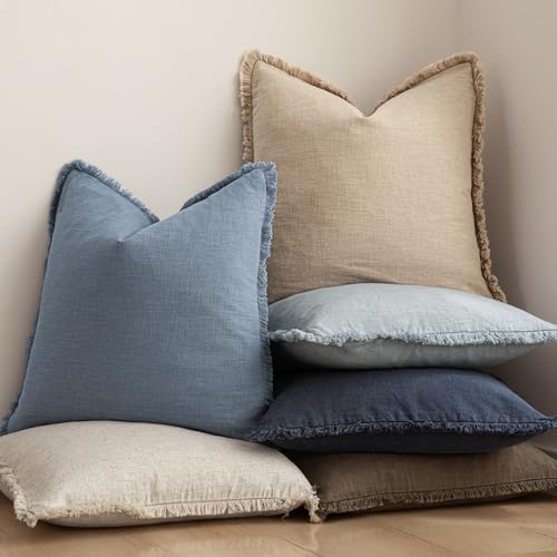 Decorative Linen Fringe Throw Pillow Covers 22×22 Misty Blue (22" x 22" (Pack of 2) / Spring Lake)