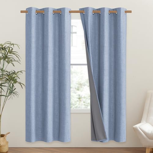 Stone Blue Vintage Linen 100% Blackout Curtains for Classroom (42"W x 72"L (Pack of 2) / Stone Blue)