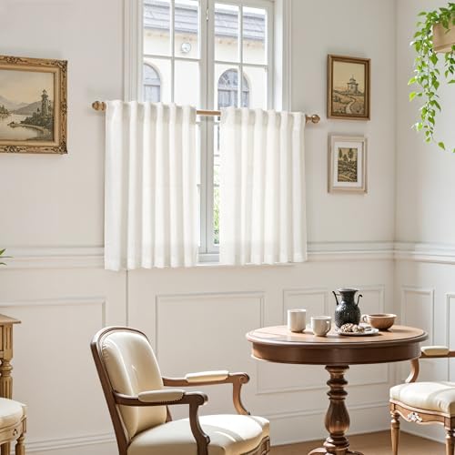 Beige White Linen Curtains for Kitchen Windows Over Sink Neutral 30 Inch Length Back Tab and Rod Pocket Light Filtering Semi Sheer Cafe Curtain for Bathroom RV Small Window 40 x 30 Inch (40"W x 30"L (Pack of 2) / Beige White)
