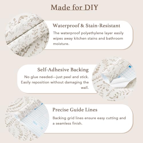 Peel and Stick Wallpaper Modern Boho Contact Paper Neutral Beige Wall Paper Removable Waterproof Self Stick Renter Friendly Wallpaper for Bedroom Living Room Bathroom Kitchen Vinyl 17.3”x197” (Light Brown / 17.3" x 197")