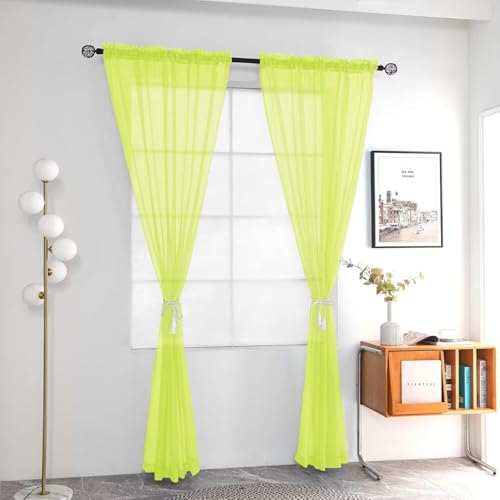 Solid Sheer Rod Pocket Curtain Voile Draperies 2 Panels White Beige Black Grey Ivory 52 Inch Width 96 Inch Long 1 Pair for Kitchen Bedroom Children Living Room Yard (Chartreuse / 52"W x 96"L (Pack of 2))