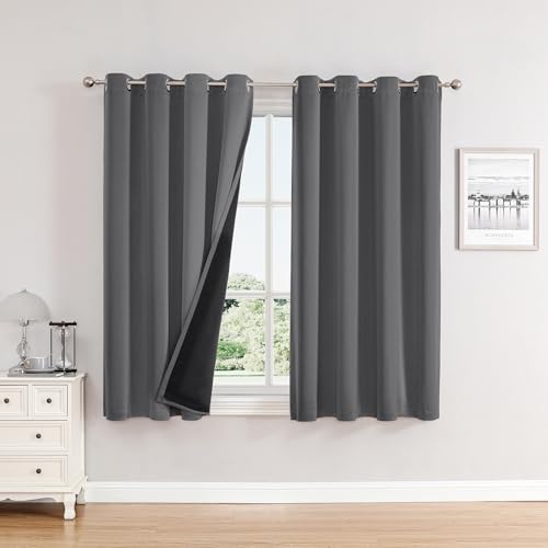 100% Blackout Curtains for Bedroom 63 Inches Long 2 Panels Set (52"W x 63"L (Pack of 2) / Grey)