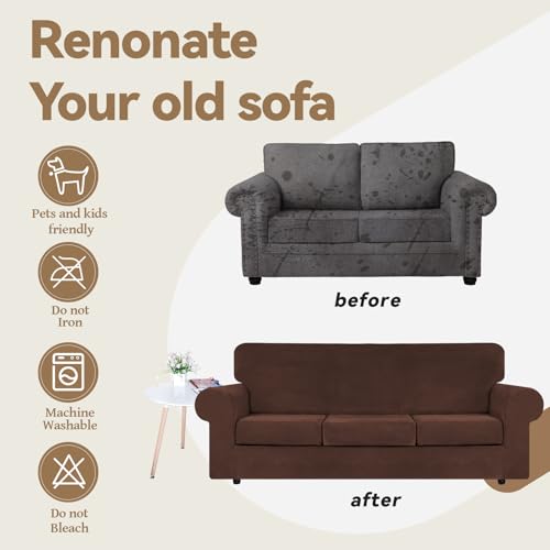 Velvet Stretch 3 Pieces Couch Cover for Sofa Washable (Medium / Chocolate)