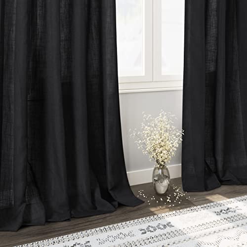 Balck Sheer Linen Curtains 94 inch Length for Bedroom Back Tab Rod Pocket Modern Farmhouse Muslin Look Cotton Textured Black Window Curtains 94 inches Long for Dining Room Living Office 2 Panels (52"W x 94"L (Pack of 2) / Black)