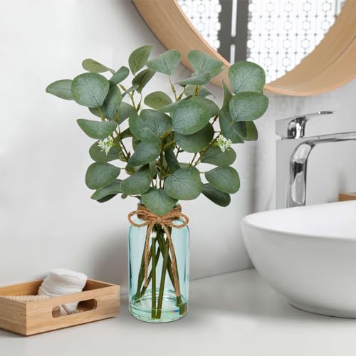 Artificial Eucalyptus Stems Fake Plants in Glass Vase with Faux Water (Blue)
