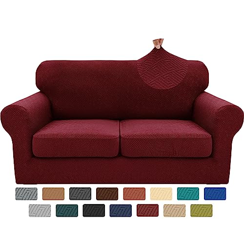 3 Piece Stretch Loveseat Sofa Cover (55"-69"(2 Cushions) / Wine Red)