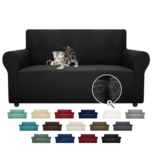 Super Stretch Couch Cover Love Seat Sofa Covers for Living Room Dogs Pet Friendly Furniture Protector Spandex Loveseat Slipcovers with Anti Slip Foam Sticks (Black / Medium (57"-70"))