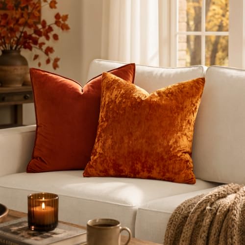 Fall Decorative Burnt Orange Velvet Throw Pillow Covers 16x16 Inch (16" x 16" (Pack of 2) / Burnt Orange)