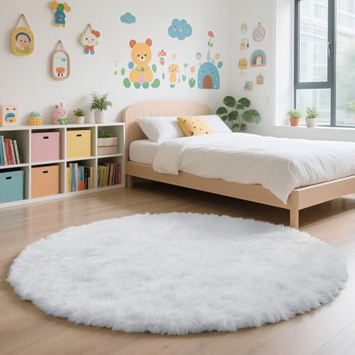 White Fluffy Round Area Rugs for Bedroom (White / 4' (Round))