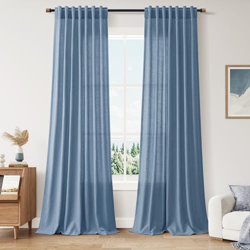 Stone Blue Linen Curtains 90 Inch Length for Bedroom Living Room Back Tab Rod Pocket Light Filtering Semi Sheer Modern Farmhouse Coastal Decor Curtain Cotton Textured Gauze Drapes for Office 52x90 (52"W x 90"L (Pack of 2) / Stone Blue)