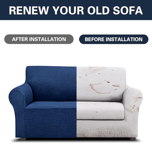2026 New Stretch Loveseat Sofa Slipcovers Couch Cover for 2 Cushion Furniture Protector Sofa Covers with Elastic Bottom Jacquard Fabric Small Checks for Pets (Classic Blue / Loveseat)