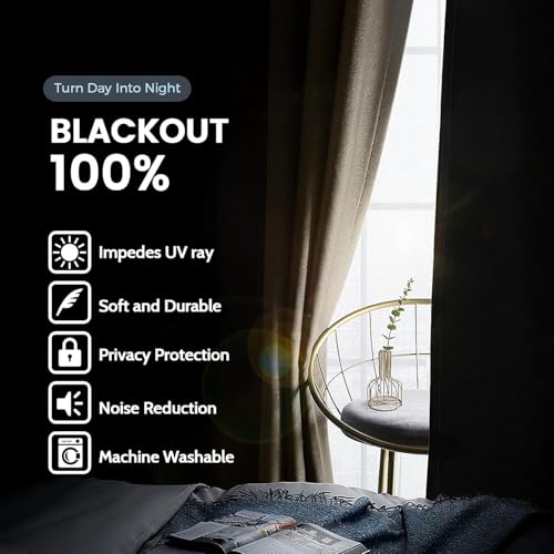 Beige 100% Blackout Curtains Room Darkening Living Room 54 Inch (Beige / 52"W x 54"L (Pack of 2))