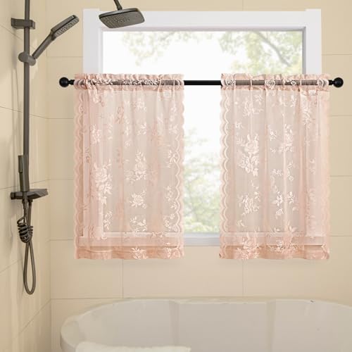Blush Pink Lace Cafe Curtains 24 Inch Length 2 Panels set Country Floral Sheer Curtains Rod Pocket Short Kitchen Decor Light Filtering Small Window Bathroom Basement RV Laundry Camper (26"W x 24"L (Pack of 2) / Blush Pink)