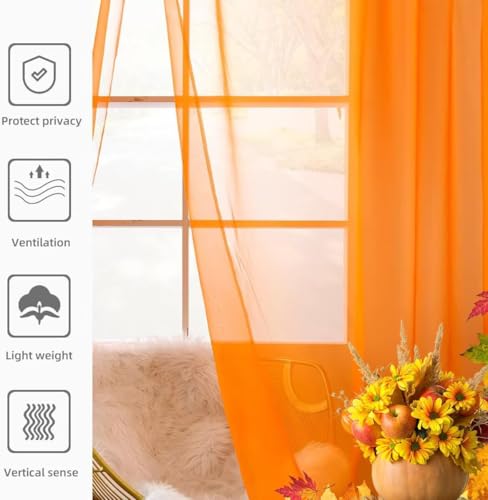 Solid Sheer Rod Pocket Curtain Voile Draperies 2 Panels Orange Beige Black Grey Coffee 38 Inch Width 72 Inch Long 1 Pair for Kitchen Bedroom Children Living Room Yard (Orange / 38"W x 72"L (Pack of 2))