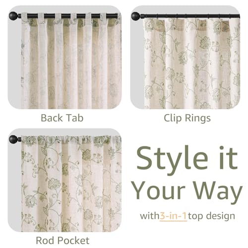Green Floral Linen Curtains 84 Inch Vintage Back Tab 2 Panels (Floral Green / 50"W x 84"L (Pack of 2))