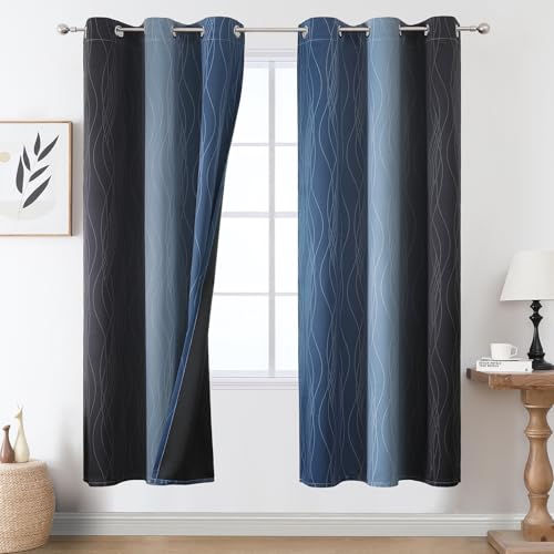 Navy Blue and Black Ombre Blackout Curtains for Living Room 72 Inches Long (Black and Navy Blue / 42"W x 72"L (Pack of 2))