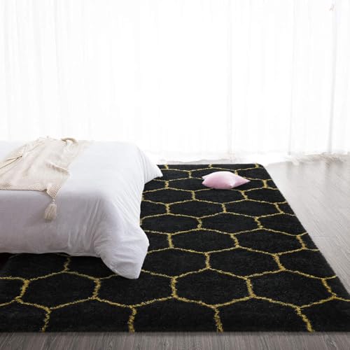 Super Soft Shaggy Rugs Fluffy Carpets (4' x 6' (Rectangular) / Black Gold)