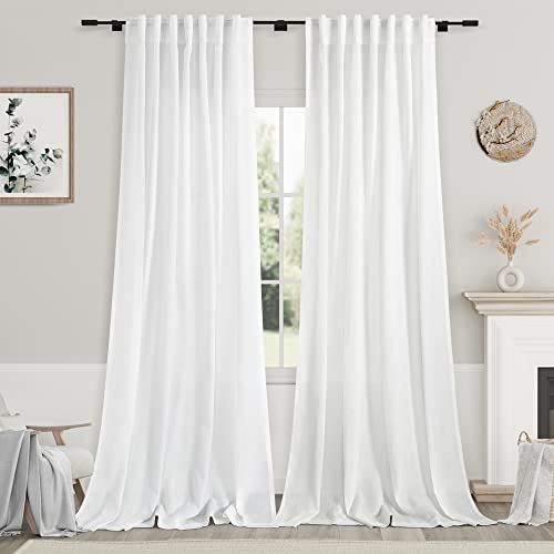 Linen White Curtains 120 inch Extra Long for Living Room Back Tab Light Filtering Semi Sheer Drapes Modern Farmhouse Coastal Decor Off White Cotton Curtain for Floor to Ceiling Window 10 FT (52"W x 120"L (Pack of 2) / White)