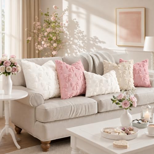 Beige Bow Cute Girl Faux Fur Throw Pillow Covers 12x20 Set of 2 (Beige Bow / 20" x 12" (Pack of 2))
