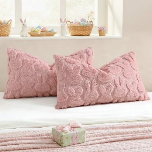 Pink Faux Fur Bunny Throw Pillow Covers 12x20 Set of 2 (20" x 12" (Pack of 2) / Rabbits Pink)
