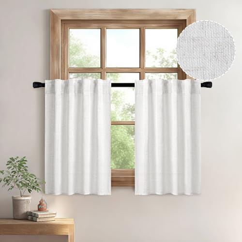 Bleached Linen Kitchen Curtain 36 Inch Length 2 Panels Farmhouse (26"W x 36"L (Pack of 2) / Bleached Linen)