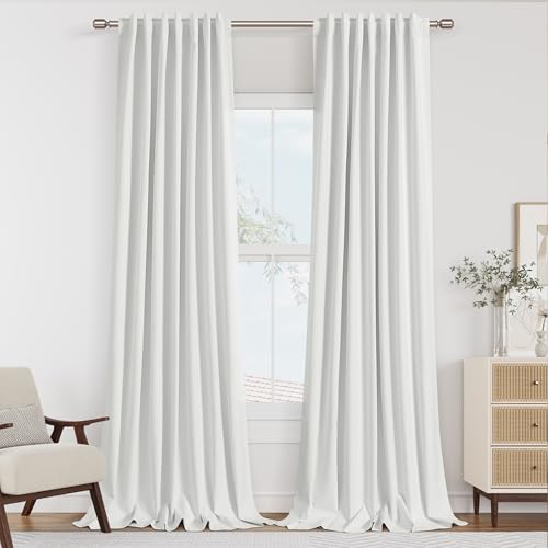 White 100% Blackout Linen Curtains 90 Inch Length 2 Panels Set for Living Room Bedroom Back Tab Thermal Insulated Black Out Drapes Room Darkening Farmhouse Window Curtains 90 Inches Long (White / 52"W x 90"L (Pack of 2))