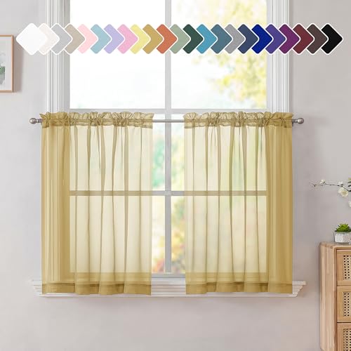Gold Sheer Tier Curtains for Kitchen 24 Inches Long 2 Panels Set (Gold / 42"W x 24"L (Pack of 2))