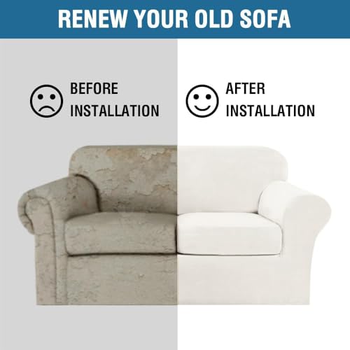 Real Velvet Plush 3 Piece Stretch Sofa Covers Couch Covers for 2 Cushion Couch Sofa Slipcovers Width Up to 90 Inch Feature Thick Soft Stay in Place (2 Cushion Sofa / Porcelain White)