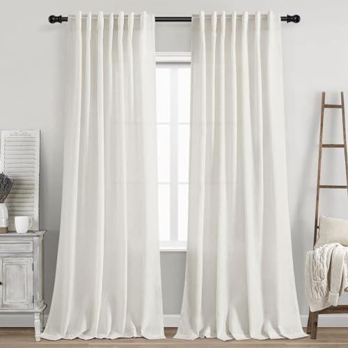Cream Linen Back Tab Curtains 86 Inch Length for Living Room 2 Panel Set Farmhouse Window Semi Sheer Linen Drapes Rustic Pinch Curtain for Bedroom 52X86 (52"W x 86"L (Pack of 2) / Natural)