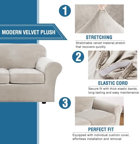 High Stretch Sofa Slipcover 4 Piece Cover Velvet Furniture Protector Form Fit Thick Velvet Extra Large Sofa Cover for 3 Cushion Couch Width Up to 97 Inch (3 Cushion Large Sofa / Oatmeal)