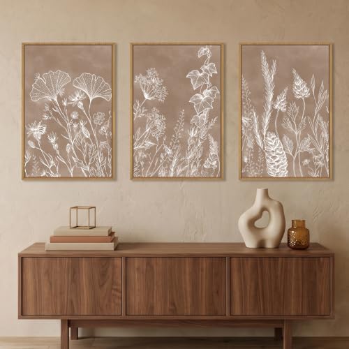 Vintage Brown Neutral Floral Framed Canvas Wall Art Set (Vintage Brown Floral Wall Art / 24"Lx36"W)