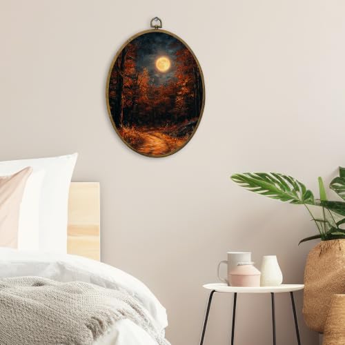 Dark Moody Fall Full Moon Forest Landscape Oval Wall Art Decor Framed (Color01)