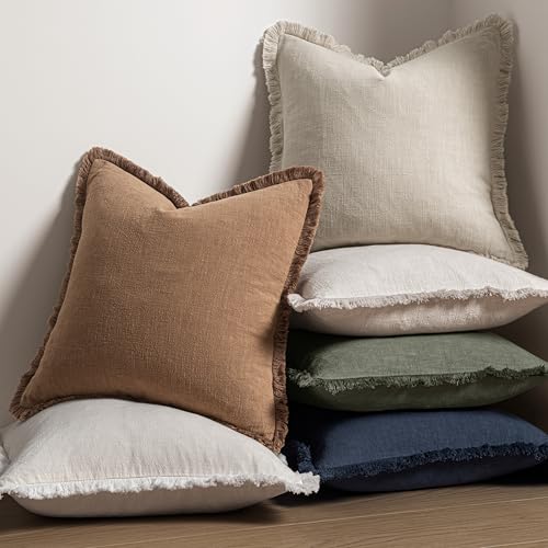 Linen Fringe Decorative Fall Euro Throw Pillow Covers Brown 24x24 (24" x 24" (Pack of 2) / Brown)