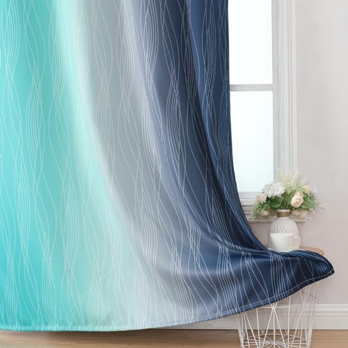 Navy Blue and Teal Gradient Blackout Curtains for Living Room 72 Inch Long (Navy Blue and Teal / 52"W x 72"L (Pack of 2))