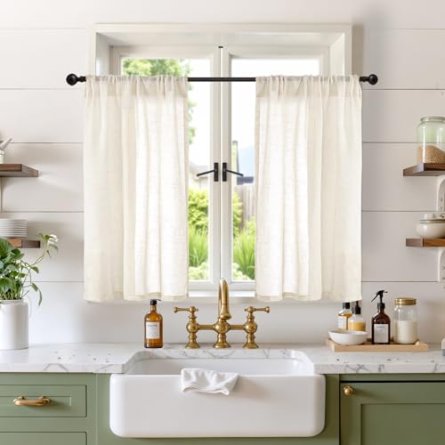 Linen Kitchen Window Curtains Over Sink (Light Beige / 30"W x 36"L (Pack of 2))