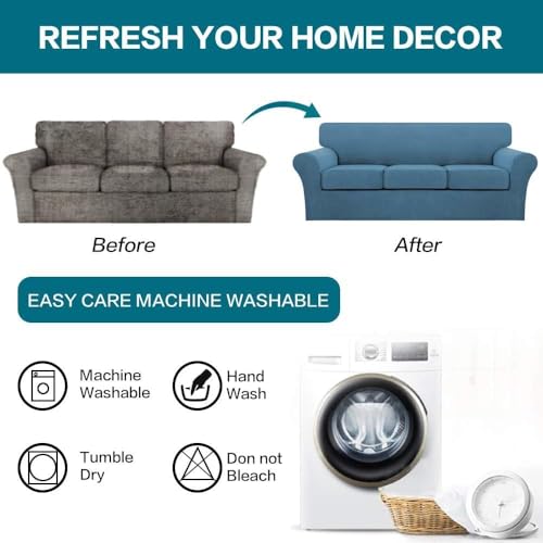 4 Piece Sofa Covers for 3 Cushion Couch Sofa Slipcover Soft Couch Cover for Dogs Washable Furniture Cover with 3 Individual Large Cushion Covers Feature Fabric (L Sofa (3 Cushion) / Dusty Blue)