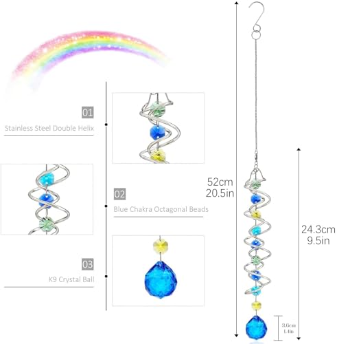 20.5in Sea Blue Crystal Gazing Ball Spiral Wind Spinner Suncatcher (Silver With Blue Ball Drop Prism)