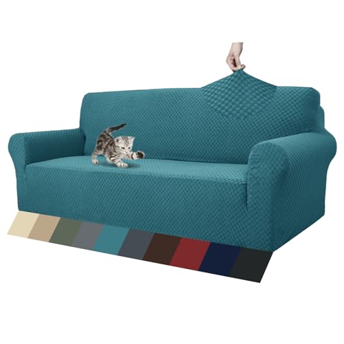 1 Piece Jacquard Couch Covers for 3 Cushion Couch Living Room High Stretch Sofa Cover Pets Dogs Friendly Anti Slip Thickened Slipcovers Furniture Protector (Large (71"-90") / Peacock Blue)