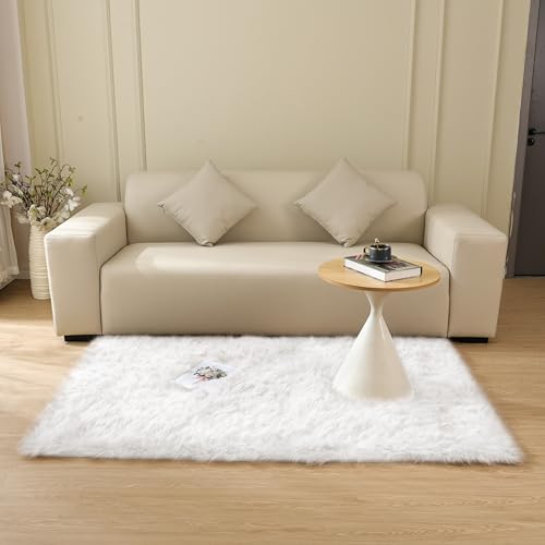 White Faux Sheepskin Shaggy Fur Rug for Living Room Soft Plush Machine Washable Fluffy 4x6 Area Rugs for Bedroom Nursery Rug (4' x 6' (Rectangular) / White)