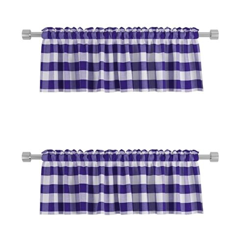 2 Pieces Valences Buffalo Check Kitchen Tier Curtains Classic Plaid Gingham Farmhouse Window Curtain Valance Living Room Bedroom Rod Pocket Purple & White 56"x 16" (56"W x 16"L (Pack of 2) / Dark Purple+white)