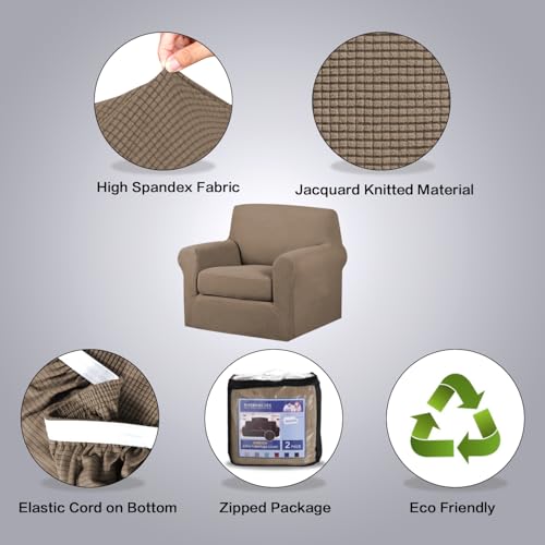 2 Piece Couch Cover Stretch Stylish Chair Cover Furniture Protector Featuring Jacquard Textured Twill Fabric High Spandex Slipcover (Small / Macchiato)